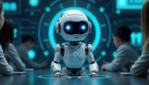 ai-virtual-assistant-interacts-clients-modern-office-setting-tech-support-robot-sits-table-human-colleagues-instant-356198965